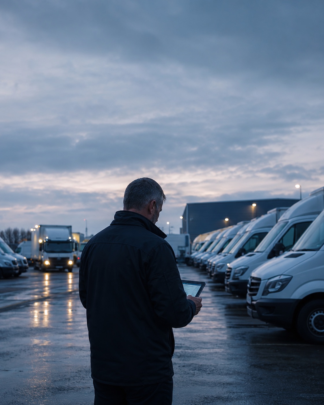 A fleet of vans and HGVs parked at a transport depot at dusk