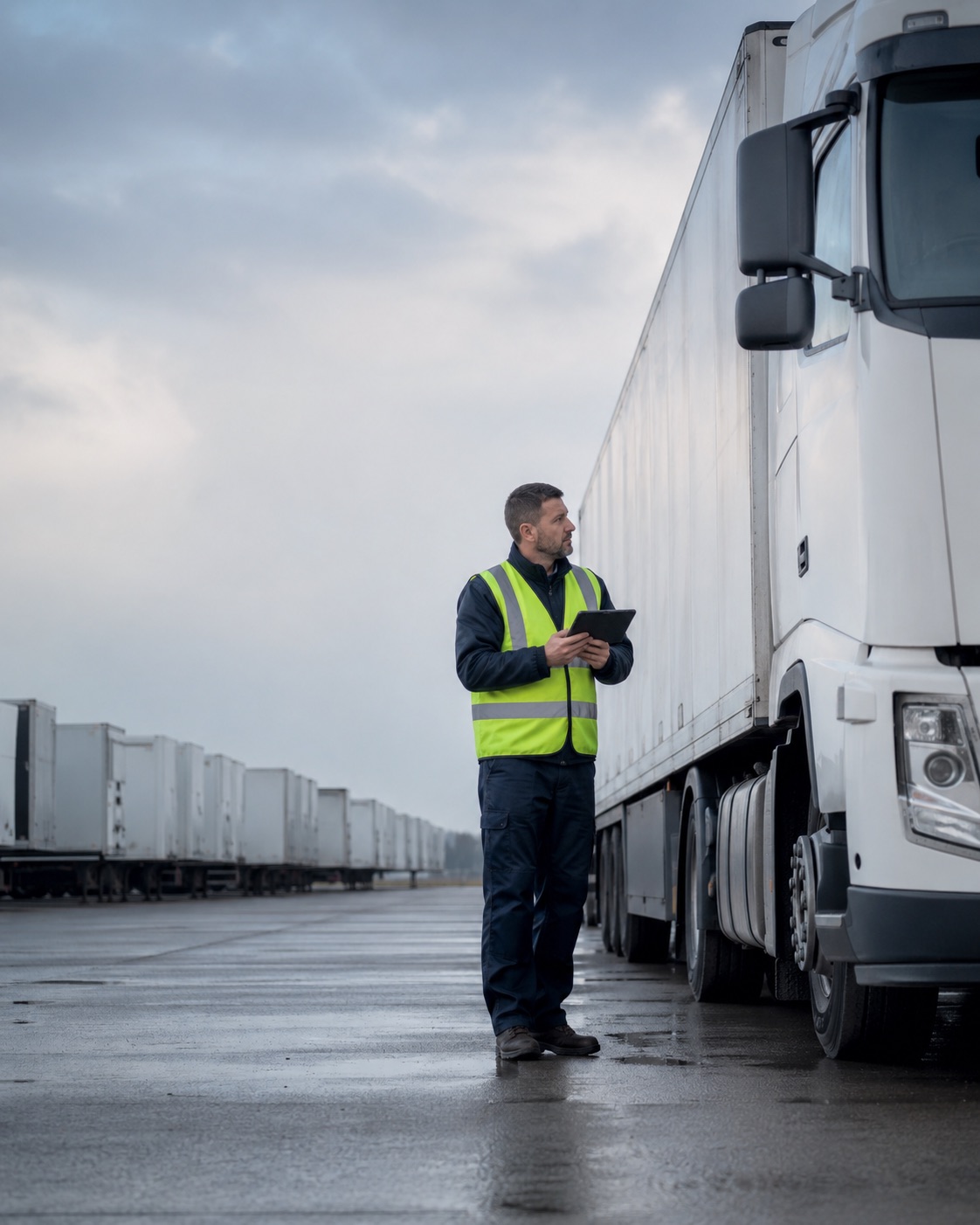 Fleet driver starting a vehicle inspection on a tablet in a depot yard